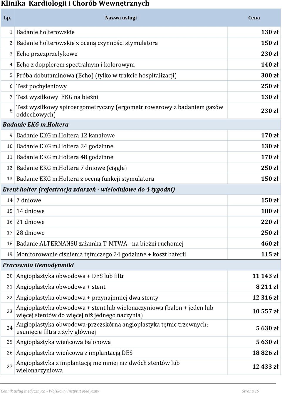 dobutaminowa (Echo) (tylko w trakcie hospitalizacji) 300 zł 6 Test pochyleniowy 250 zł 7 Test wysiłkowy EKG na bieżni 130 zł 8 Test wysiłkowy spiroergometryczny (ergometr rowerowy z badaniem gazów