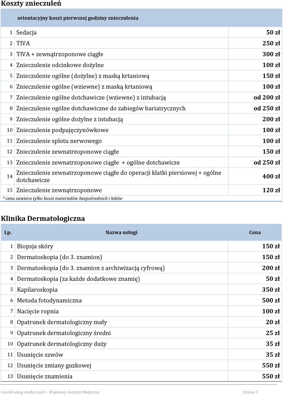 zabiegów bariatrycznych od 250 zł 9 Znieczulenie ogólne dożylne z intubacją 200 zł 10 Znieczulenie podpajęczynówkowe 100 zł 11 Znieczulenie splotu nerwowego 100 zł 12 Znieczulenie zewnatrzoponowe