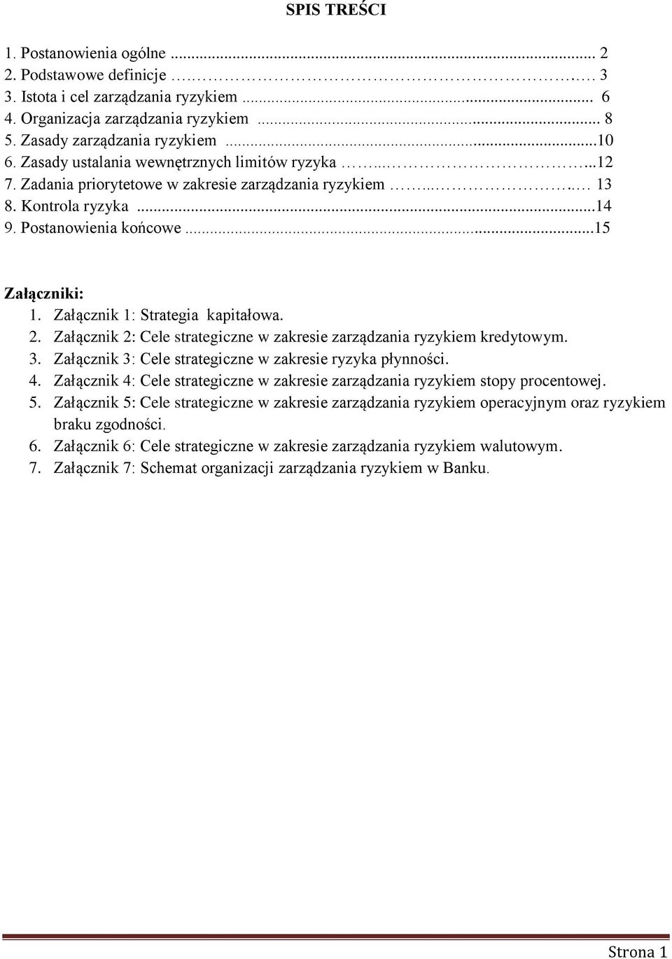 Załącznik 1: Strategia kapitałowa. 2. Załącznik 2: Cele strategiczne w zakresie zarządzania ryzykiem kredytowym. 3. Załącznik 3: Cele strategiczne w zakresie ryzyka płynności. 4.