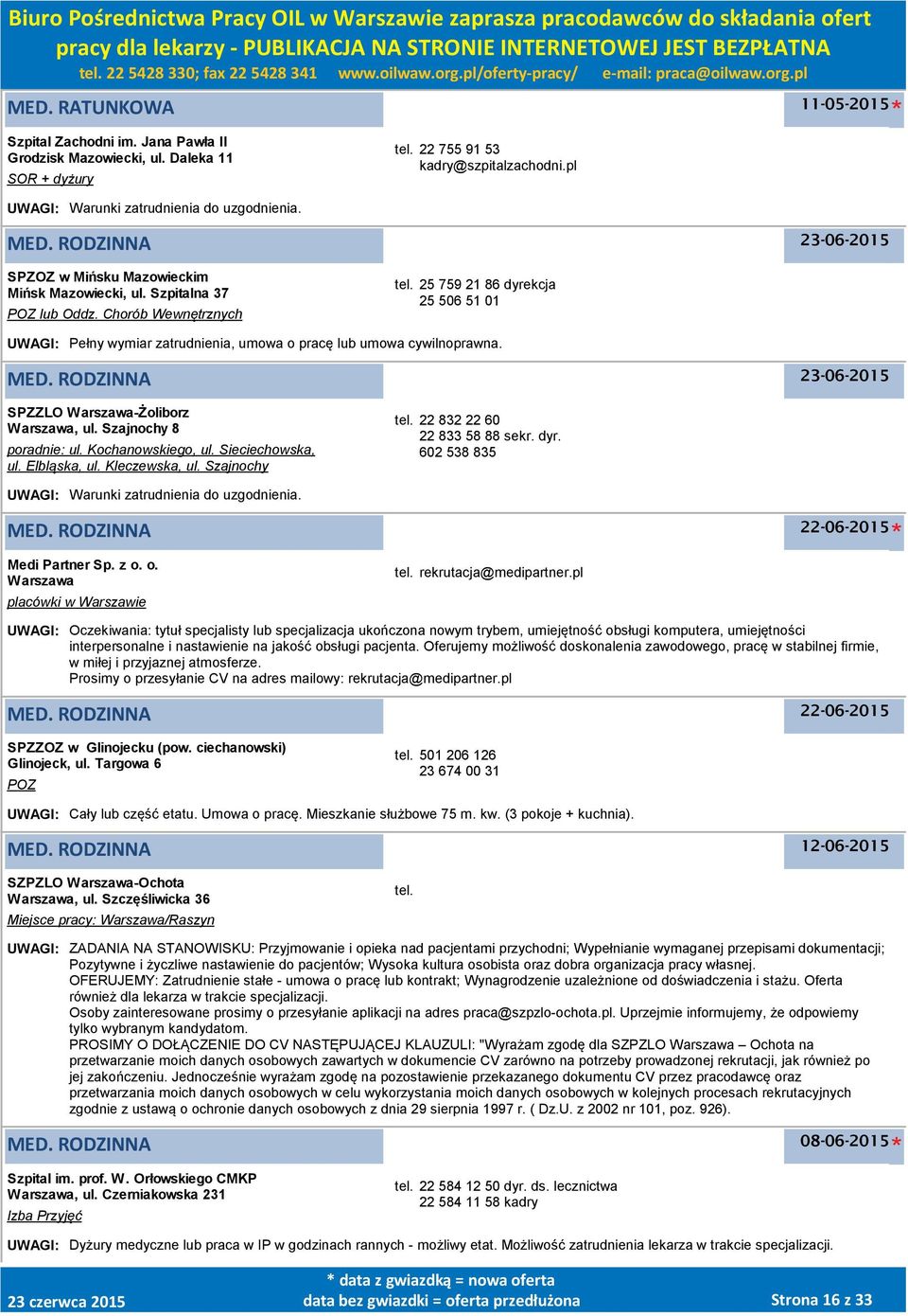 25 759 21 86 dyrekcja 25 506 51 01 UWAGI: Pełny wymiar zatrudnienia, umowa o pracę lub umowa cywilnoprawna. SPZZLO -Żoliborz, ul. Szajnochy 8 poradnie: ul. Kochanowskiego, ul. Sieciechowska, ul.