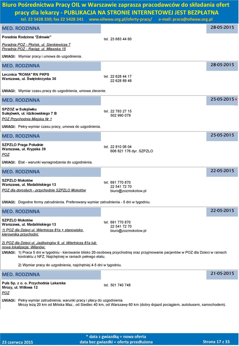 Idzikowskiego 7 B POZ Przychodnia Miejska Nr 1 tel. 22 783 27 15 502 990 079 UWAGI: Pełny wymiar czasu pracy, umowa do uzgodnienia. 25-05-2015 SZPZLO Praga Południe, ul. Krypska 39 POZ tel.