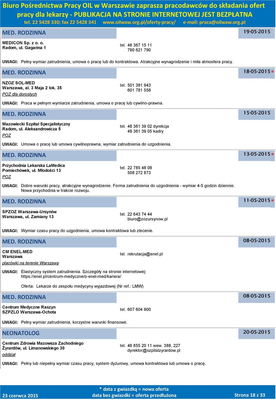 15-05-2015 Mazowiecki Szpital Specjalistyczny Radom, ul. Aleksandrowicza 5 POZ tel.