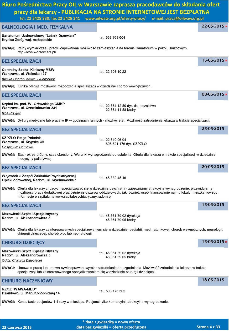 Wołoska 137 Klinika Chorób Wewn. i Alergologii tel. 22 508 10 22 UWAGI: Klinika oferuje możliwość rozpoczęcia specjalizacji w dziedzinie chorób wewnętrznych. BEZ SPECJALIZACJI 08-06-2015 Szpital im.