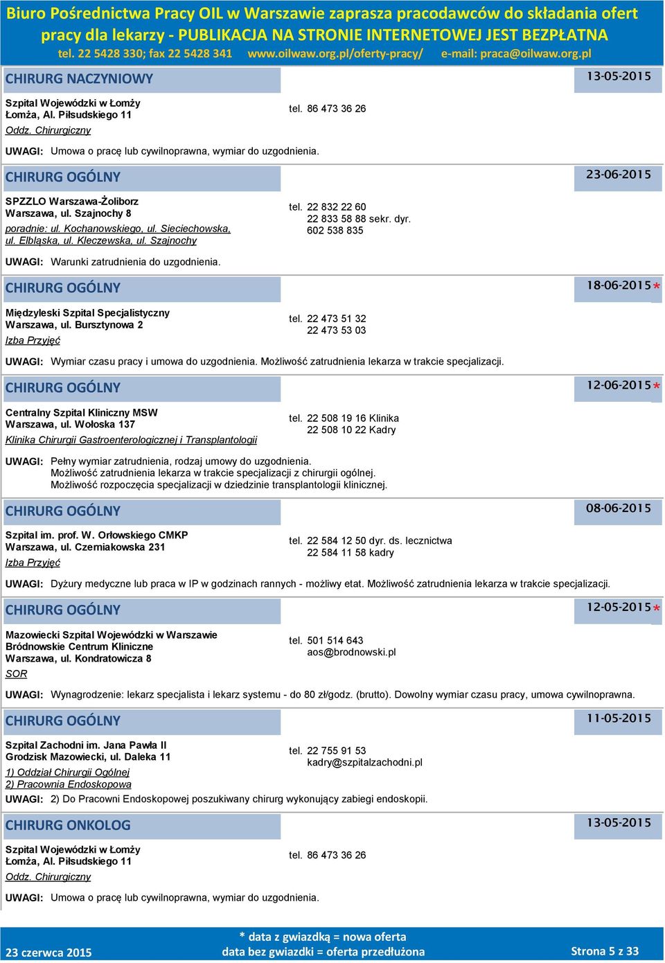 602 538 835 UWAGI: Warunki zatrudnienia do uzgodnienia. CHIRURG OGÓLNY 18-06-2015 Międzyleski Szpital Specjalistyczny, ul. Bursztynowa 2 Izba Przyjęć tel.