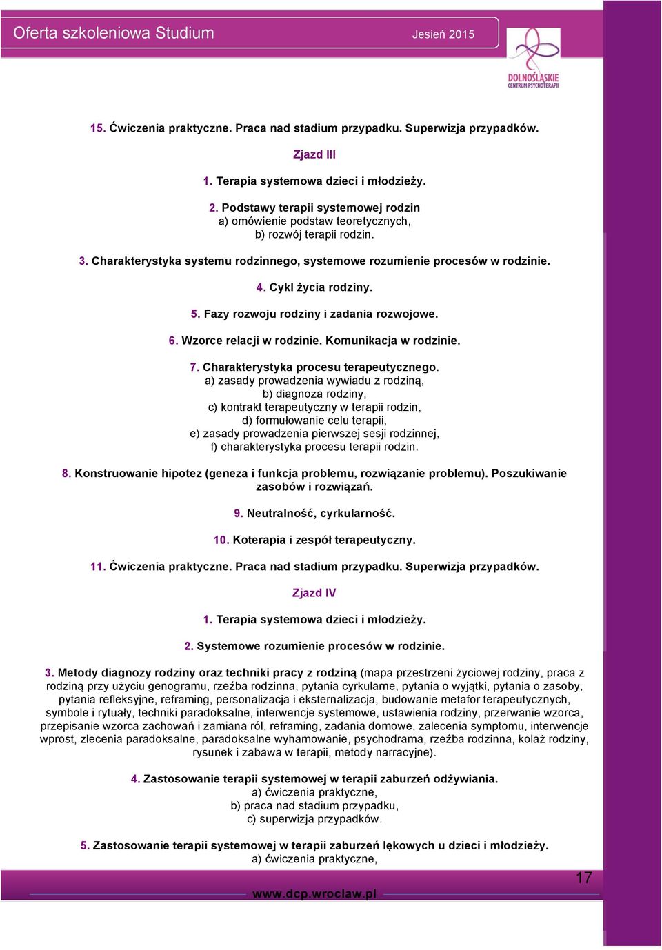 5. Fazy rozwoju rodziny i zadania rozwojowe. 6. Wzorce relacji w rodzinie. Komunikacja w rodzinie. 7. Charakterystyka procesu terapeutycznego.