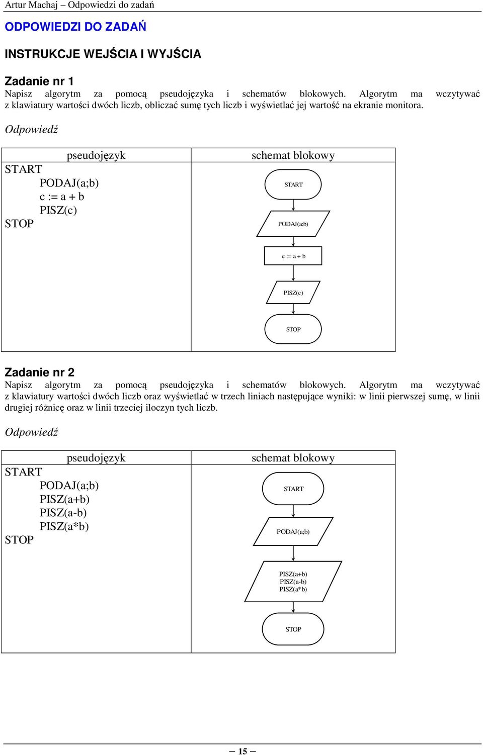 PODAJ(a;b) c := a + b PISZ(c) PODAJ(a;b) c := a + b PISZ(c) Zadanie nr 2 Napisz algorytm za pomocą a i schematów blokowych.