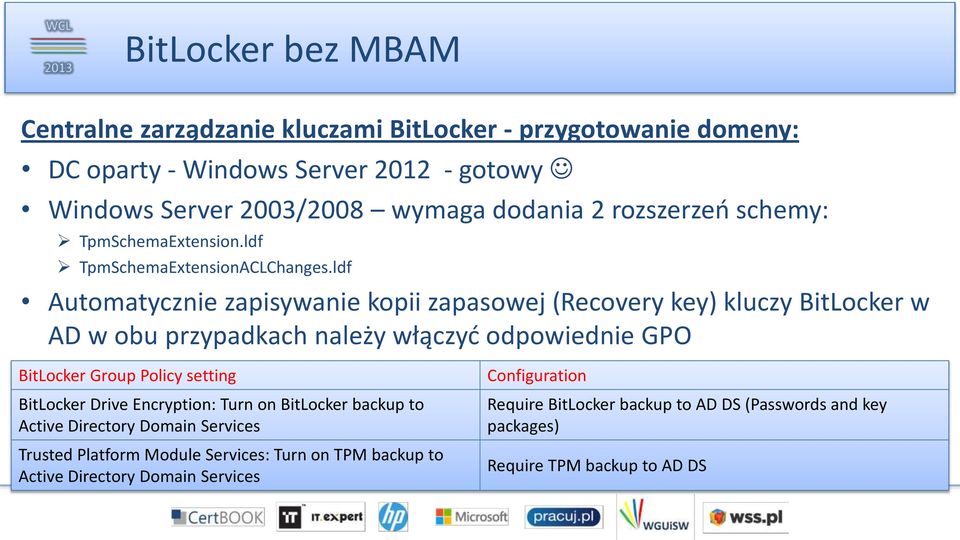 ldf Automatycznie zapisywanie kopii zapasowej (Recovery key) kluczy BitLocker w AD w obu przypadkach należy włączyć odpowiednie GPO BitLocker Group Policy setting