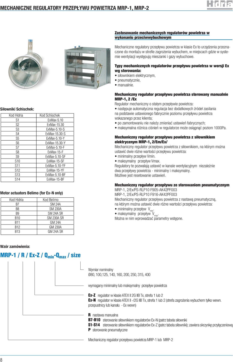 Typy mechanicznych regulatorów przepływu powietrza w wersji Ex wg sterowania: siłownikiem elektrycznym, pneumatycznie, manualnie. Siłowniki Schischek: Kod Hidria Kod Schischek S1 ExMax-5.