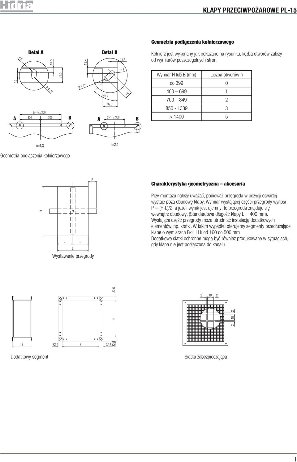 5 (n-1) x 300 16 B do 399 0 400 699 1 700 849 850-1339 3 > 1400 5 n=1,3 n=,4 Geometria podłączenia kołnierzowego H P = = L Wystawanie przegrody Charakterystyka geometryczna akcesoria Przy montażu