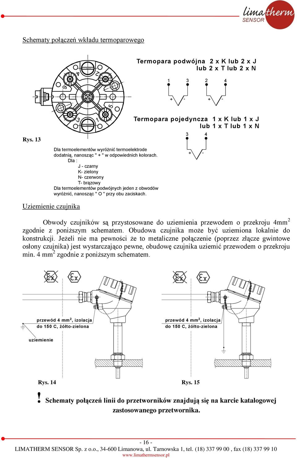 Dla : J - czarny K- zielony N- czerwony T- brązowy Dla termoelementów podwójnych jeden z obwodów wyróżnić, nanosząc '' O '' przy obu zaciskach.