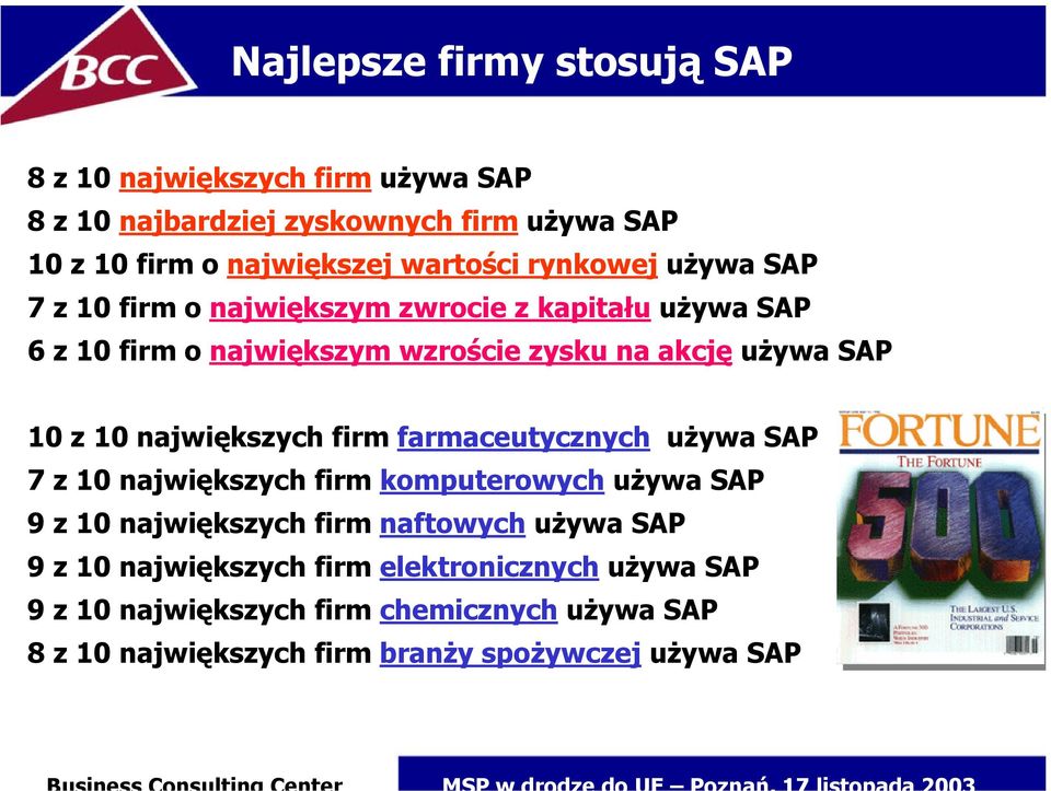 największych firm farmaceutycznych używa SAP 7 z 10 największych firm komputerowych używa SAP 9 z 10 największych firm naftowych używa SAP 9 z