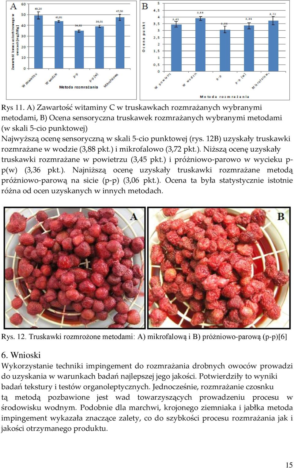 5-cio punktowej (rys. 12B) uzyskały truskawki rozmrażane w wodzie (3,88 pkt.) i mikrofalowo (3,72 pkt.). Niższą ocenę uzyskały truskawki rozmrażane w powietrzu (3,45 pkt.