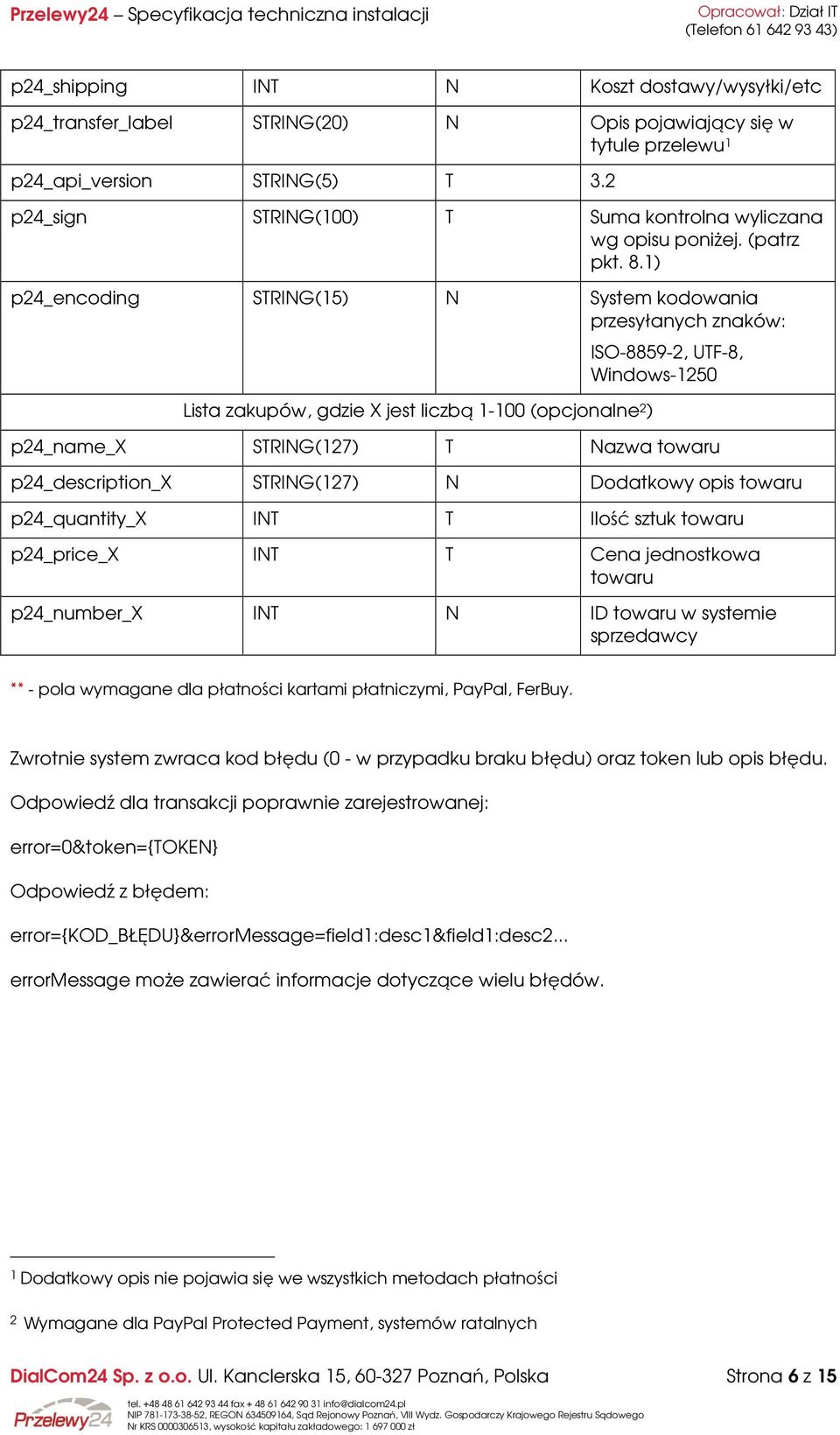 1) p24_encoding STRING(15) N System kodowania przesyłanych znaków: Lista zakupów, gdzie X jest liczbą 1-100 (opcjonalne 2 ) ISO-8859-2, UTF-8, Windows-1250 p24_name_x STRING(127) T Nazwa towaru