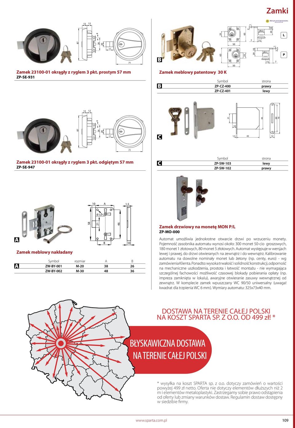 odgiętym 5 mm ZP-SE-94 C ZP-SW- ZP-SW- strona 1,5 Ø,5 Zamek meblowy nakładany rozmiar ZW-Y-001 M- 6 ZW-Y-00 M- 4 6 1 Zamek drzwiowy na monetę MON P/L ZP-MO-000 utomat umożliwia jednokrotne otwarcie