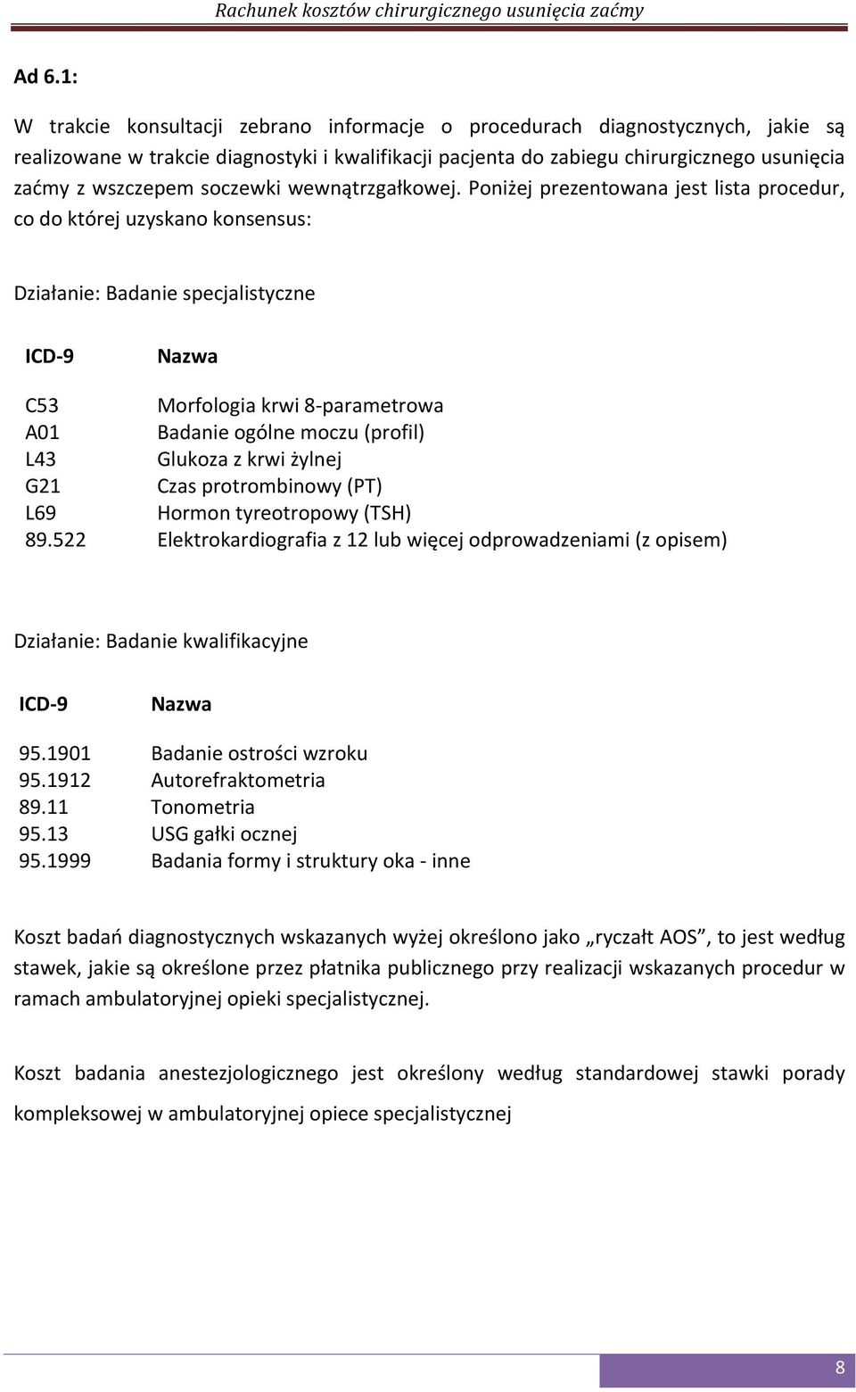 Poniżej prezentowana jest lista procedur, co do której uzyskano konsensus: Działanie: Badanie specjalistyczne ICD- 9 Nazwa C53 Morfologia krwi 8- parametrowa A01 Badanie ogólne moczu (profil) L43