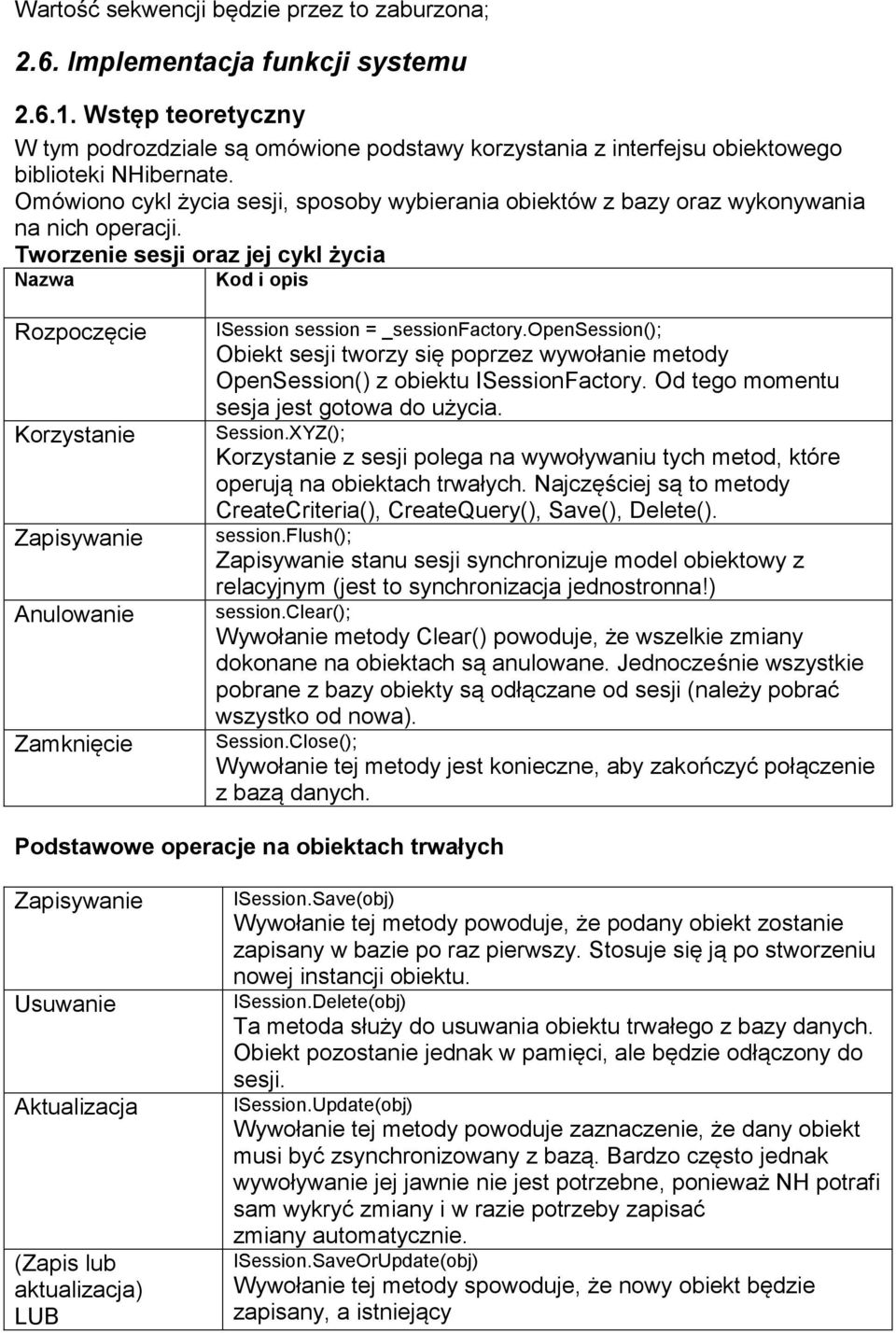 Omówiono cykl życia sesji, sposoby wybierania obiektów z bazy oraz wykonywania na nich operacji.