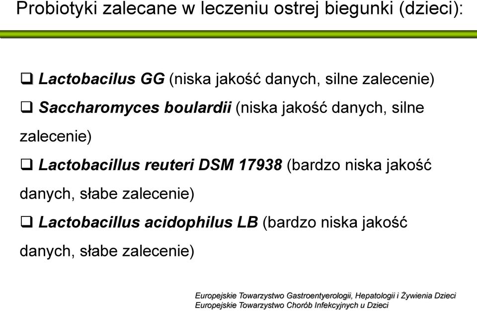 jakość danych, słabe zalecenie) Lactobacillus acidophilus LB (bardzo niska jakość danych, słabe zalecenie)