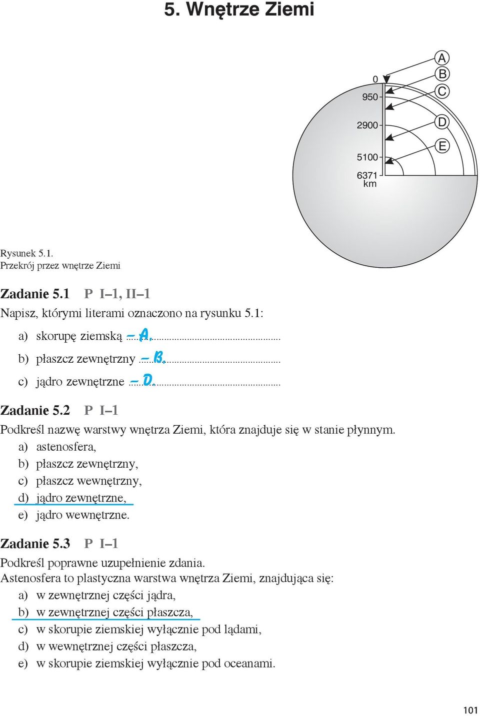 a) astenosfera, b) płaszcz zewnętrzny, c) płaszcz wewnętrzny, d) jądro zewnętrzne, e) jądro wewnętrzne. Zadanie 5.3 P I 1 Podkreśl poprawne uzupełnienie zdania.