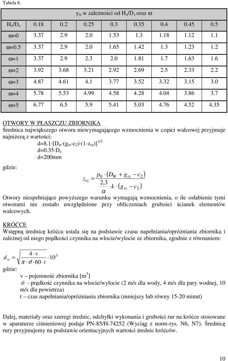 35 OTWORY W PŁASZCZU ZBIORNIKA Średnica największego otworu niewymagającego wzmocnienia w części walcowej przyjmuje najniższą z wartości: d=8.1 [D w (g rz -c 2 ) (1-z rz )] 1/3 d=0.