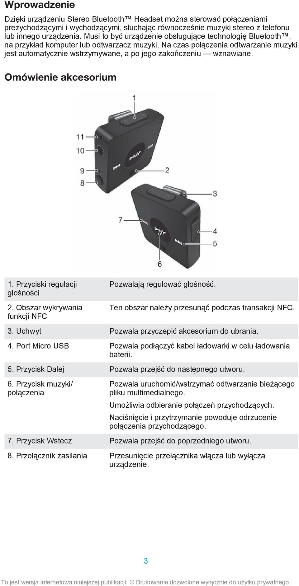 Na czas połączenia odtwarzanie muzyki jest automatycznie wstrzymywane, a po jego zakończeniu wznawiane. Omówienie akcesorium 1. Przyciski regulacji głośności 2.