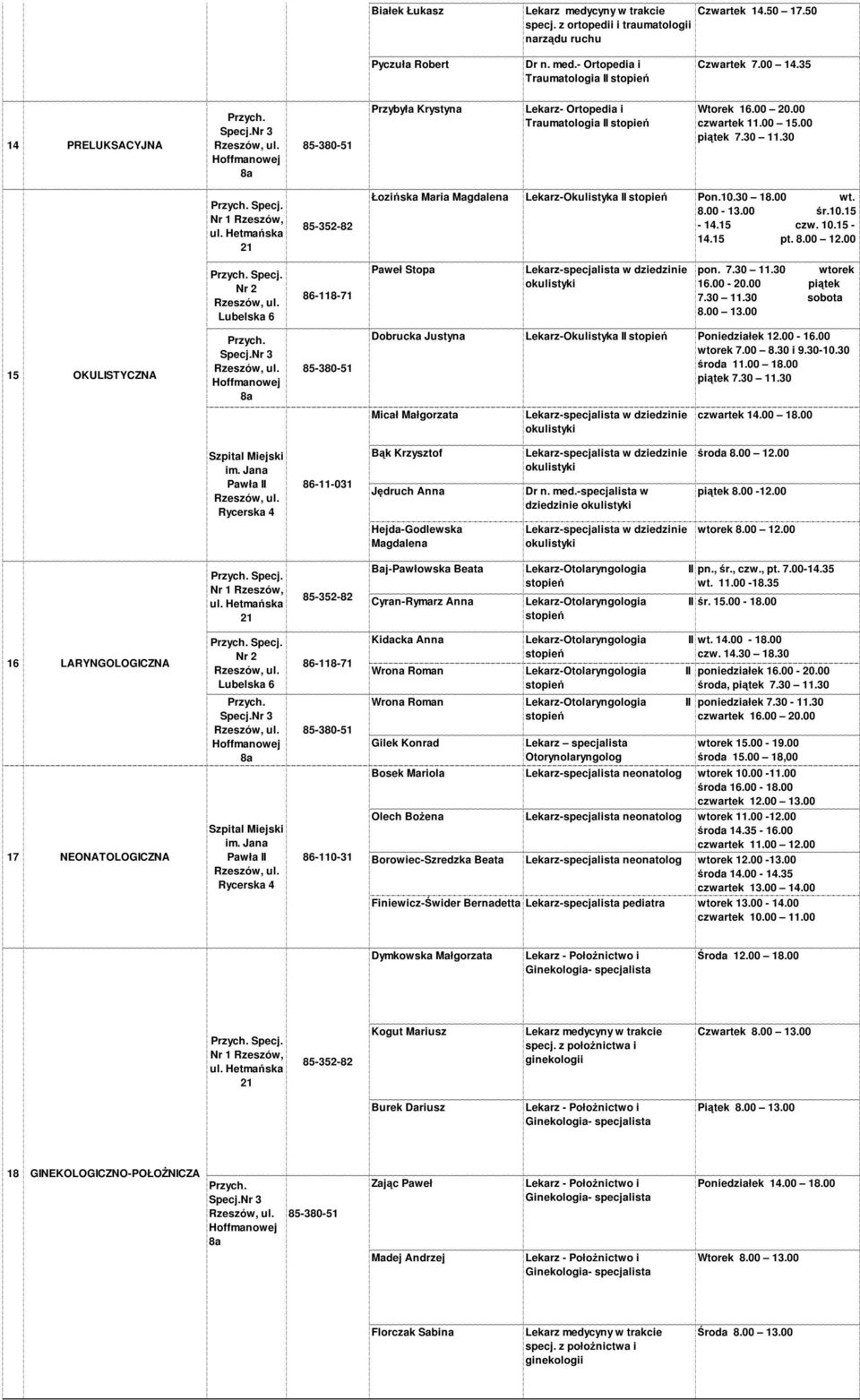00-13.00 śr.10.15-14.15 czw. 10.15-14.15 pt. 8.00 12.00 Nr 2 Lubelska 6 Paweł Stopa pon. 7.30 11.30 wtorek 16.00-20.00 piątek 7.30 11.30 sobota 8.00 13.