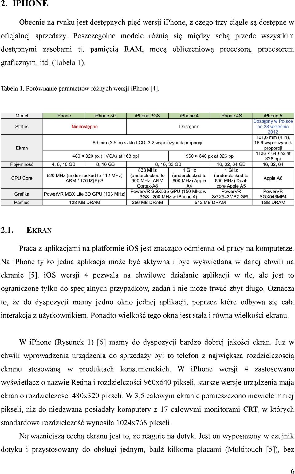 Porównanie parametrów różnych wersji iphone [4]. 2.1. EKRAN Praca z aplikacjami na platformie ios jest znacząco odmienna od pracy na komputerze.