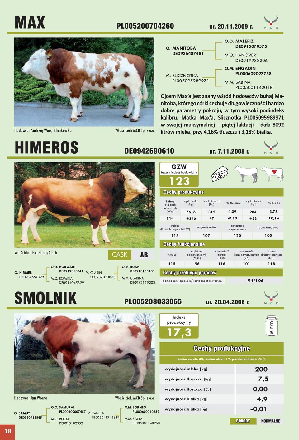 Matka Max a, Ślicznotka PL005095989971 w swojej maksymalnej piątej laktacji dała 8092 litrów mleka, przy 4,16% tłuszczu i 3,18% białka. HIMEROS DE0942690610 ur. 7.11.2008 r.