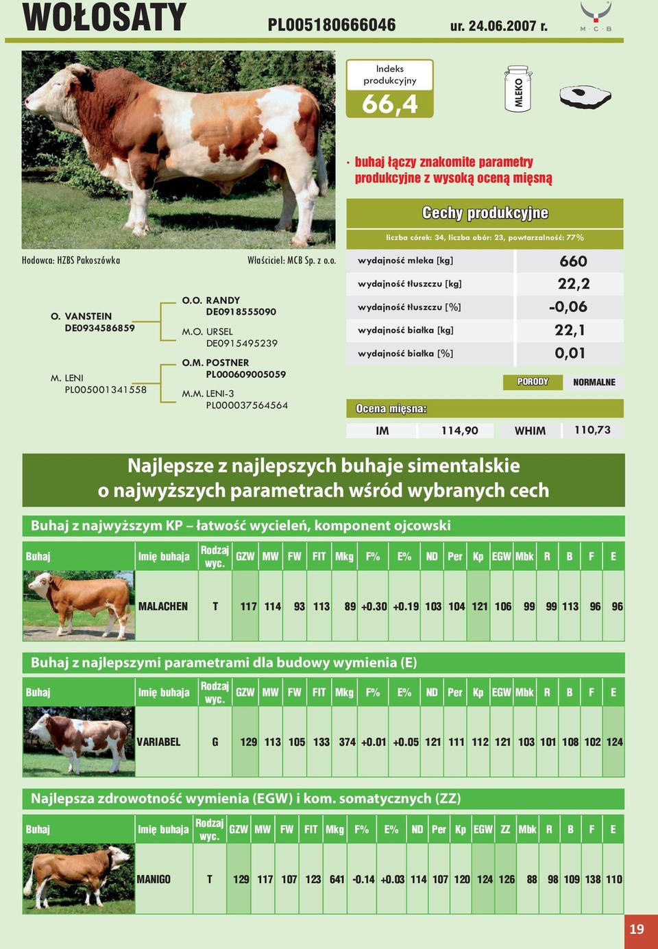 . LENI-3 PL000037564564 Ocena mięsna: IM Cechy produkcyjne liczba córek: 34, liczba obór: 23, powtarzalność: 77% wydajność mleka wydajność tłuszczu wydajność tłuszczu [%] wydajność białka wydajność