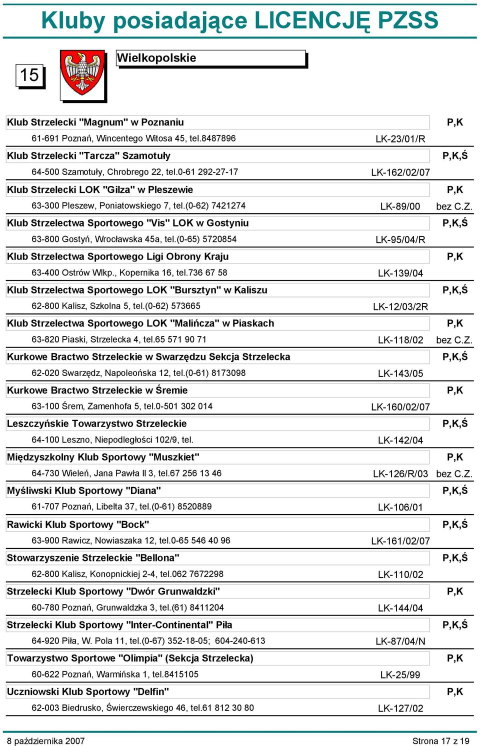 (0-65) 5720854 Klub Strzelectwa Sportowego Ligi Obrony Kraju 63-400 Ostrów Wlkp., Kopernika 16, tel.736 67 58 Klub Strzelectwa Sportowego LOK "Bursztyn" w Kaliszu 62-800 Kalisz, Szkolna 5, tel.