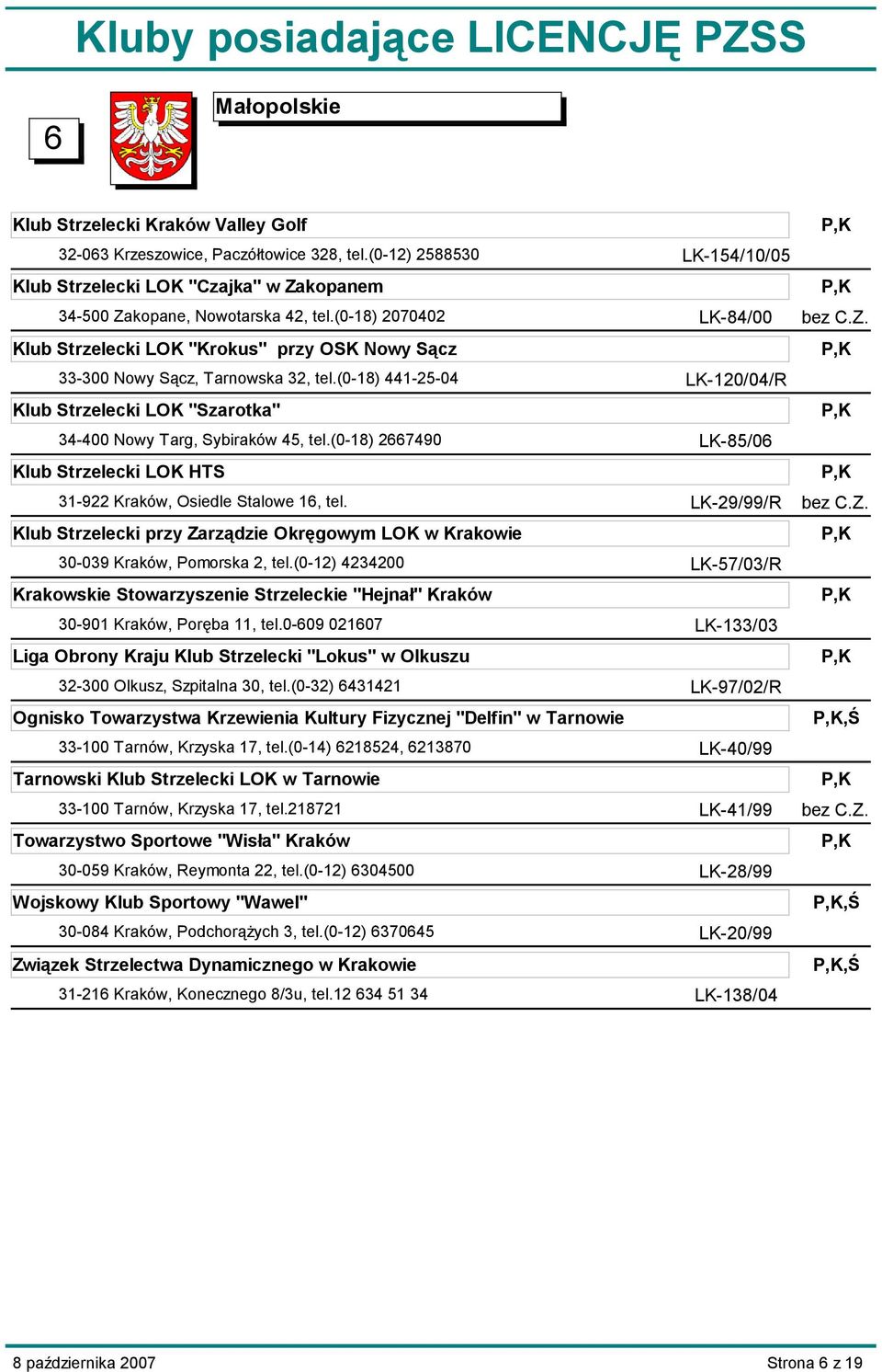 (0-18) 2667490 Klub Strzelecki LOK HTS 31-922 Kraków, Osiedle Stalowe 16, tel. Klub Strzelecki przy Zarządzie Okręgowym LOK w Krakowie 30-039 Kraków, Pomorska 2, tel.