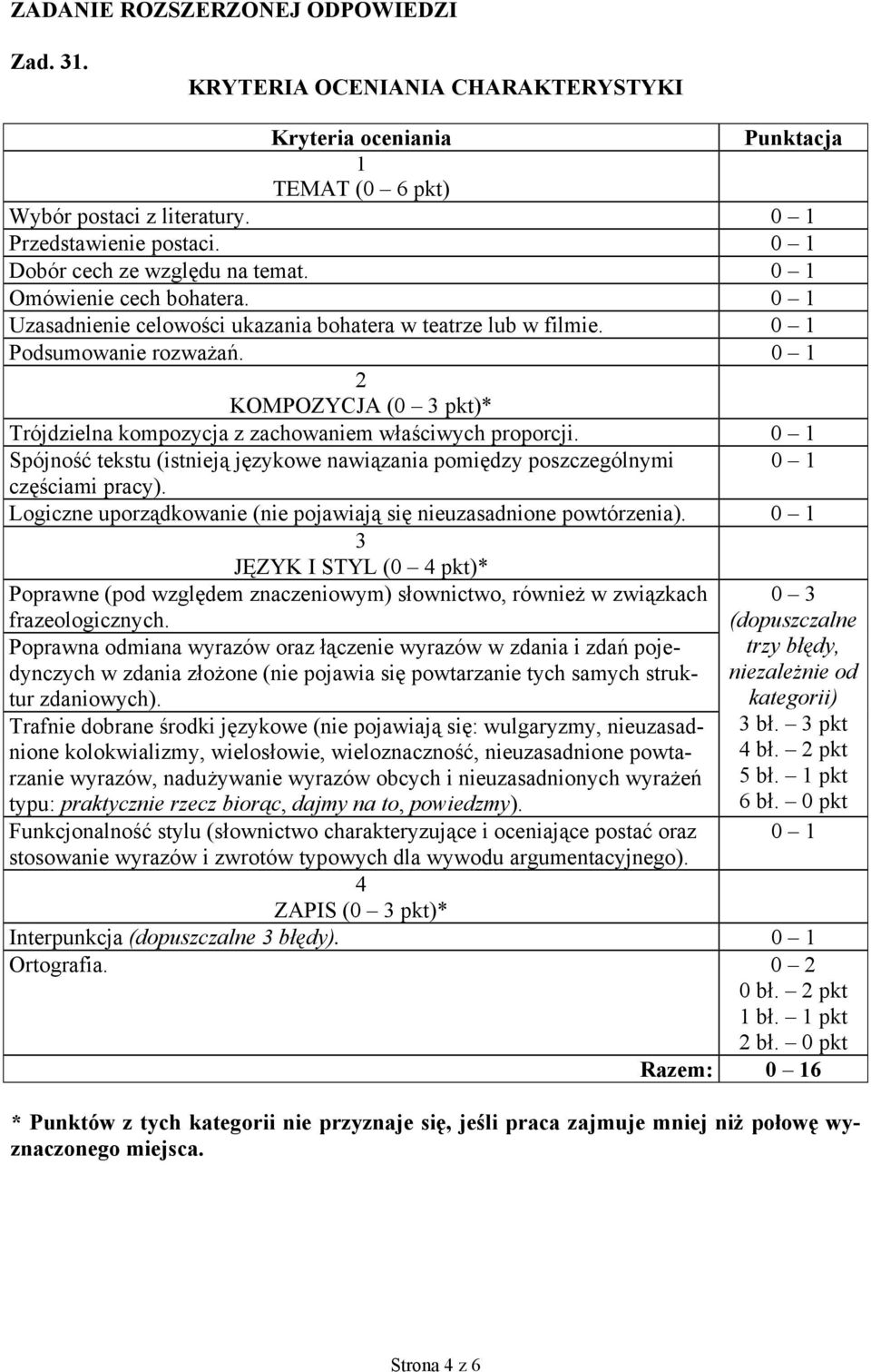 2 KOMPOZYCJA (0 3 pkt)* Trójdzielna kompozycja z zachowaniem właściwych proporcji. Spójność tekstu (istnieją językowe nawiązania pomiędzy poszczególnymi częściami pracy).