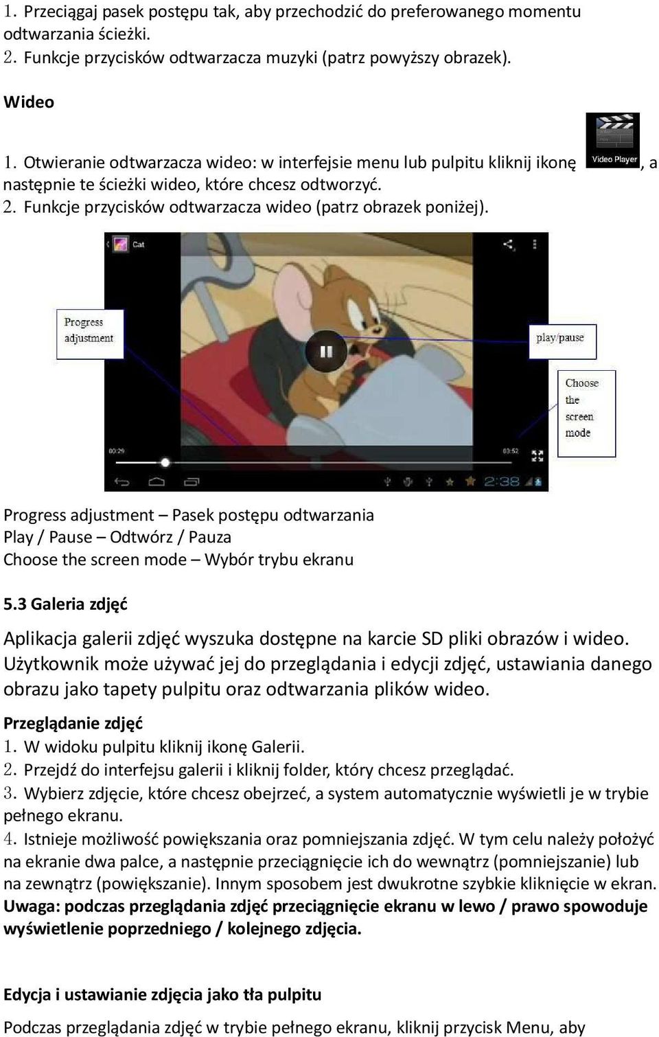 Progress adjustment Pasek postępu odtwarzania Play / Pause Odtwórz / Pauza Choose the screen mode Wybór trybu ekranu 5.