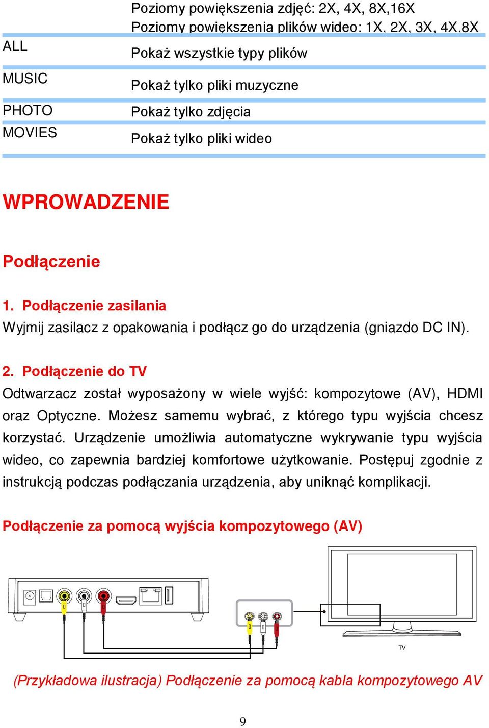 Podłączenie do TV Odtwarzacz został wyposażony w wiele wyjść: kompozytowe (AV), HDMI oraz Optyczne. Możesz samemu wybrać, z którego typu wyjścia chcesz korzystać.