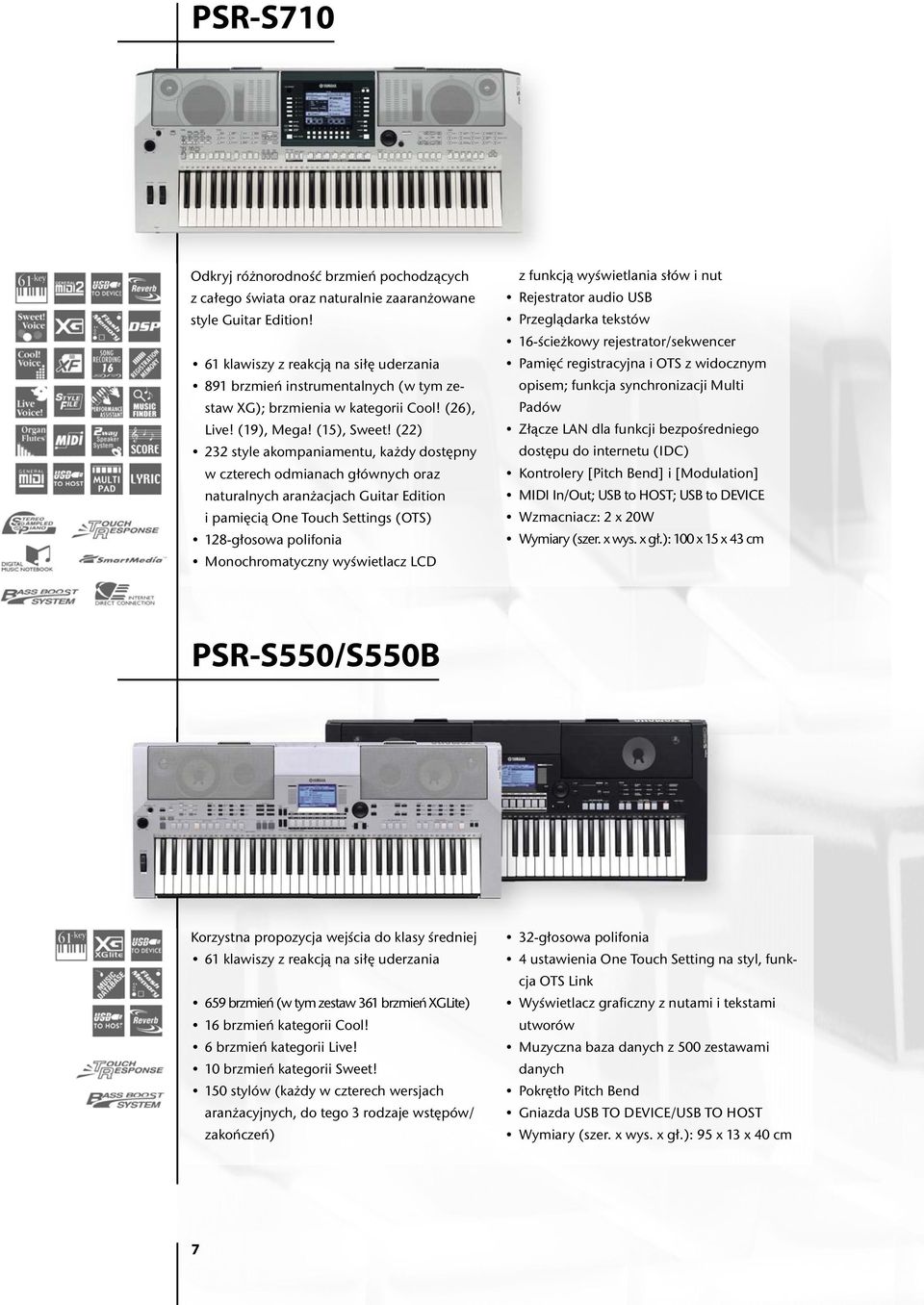 (22) 232 style akompaniamentu, każdy dostępny w czterech odmianach głównych oraz naturalnych aranżacjach Guitar Edition i pamięcią One Touch Settings (OTS) 128-głosowa polifonia Monochromatyczny