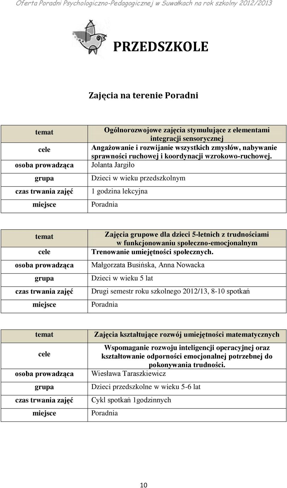 Jolanta Jargiło Dzieci w wieku przedszkolnym 1 godzina lekcyjna Zajęcia grupowe dla dzieci 5-letnich z trudnościami w funkcjonowaniu społeczno-emocjonalnym Trenowanie umiejętności społecznych.