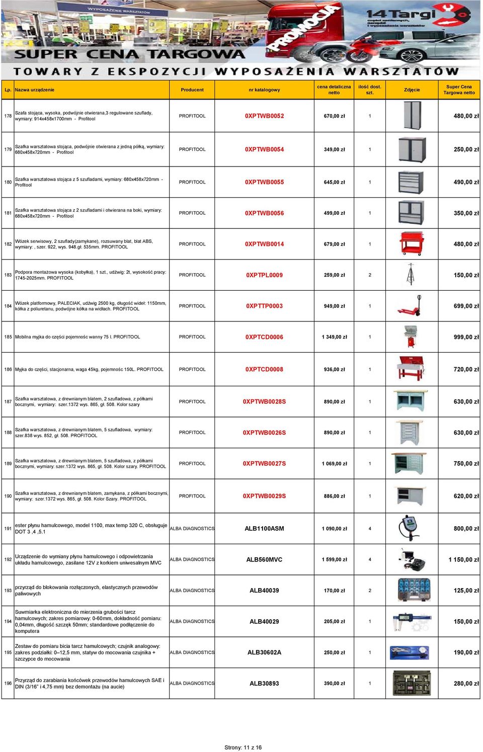 0XPTWB0055 645,00 zł 1 490,00 zł 181 Szafka warsztatowa stojąca z 2 szufladami i otwierana na boki, wymiary: 680x458x720mm - Profitool PROFITOOL 0XPTWB0056 499,00 zł 1 350,00 zł 182 Wózek serwisowy,