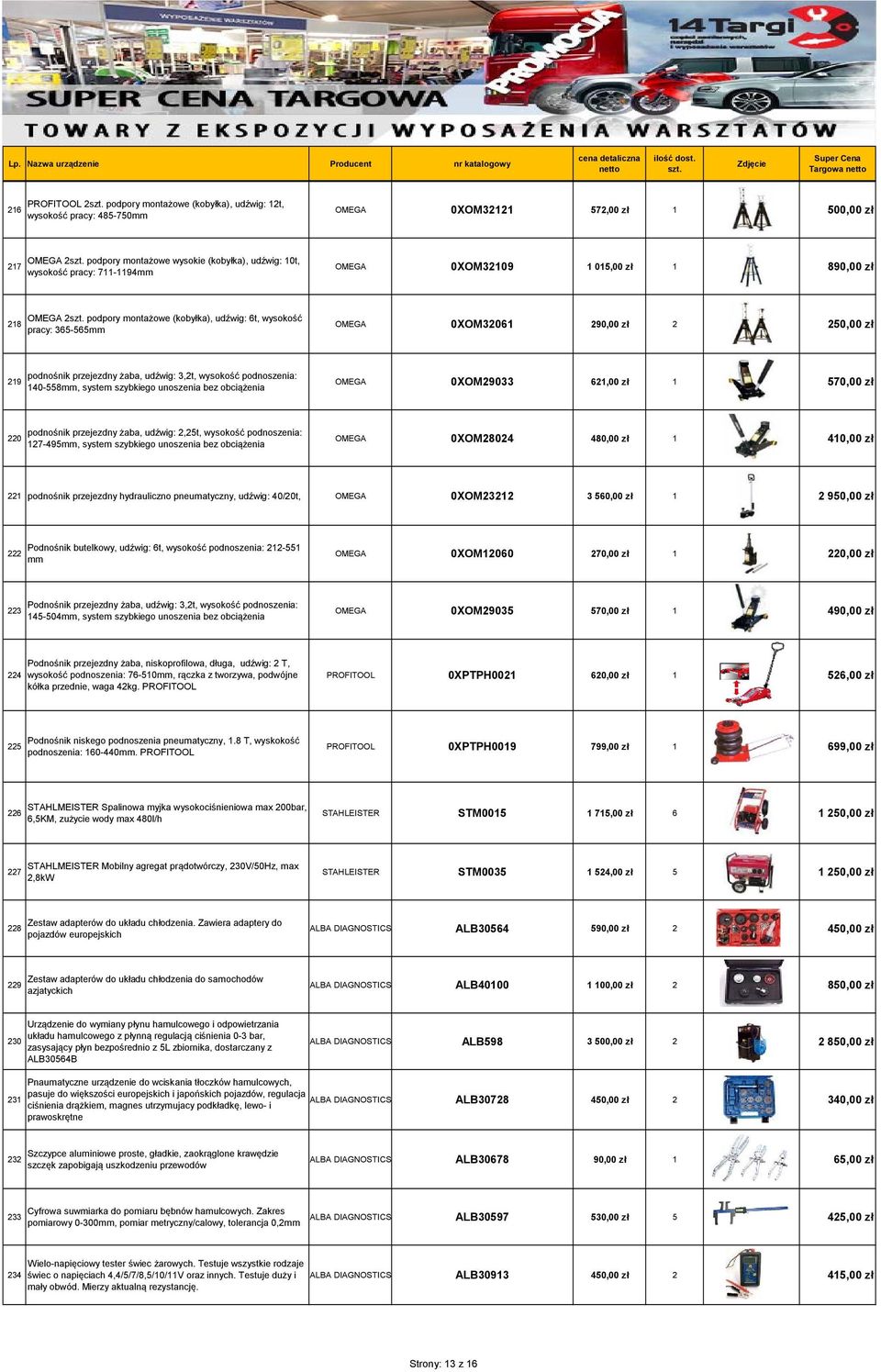 udźwig: 3,2t, wysokość podnoszenia: 140-558mm, system szybkiego unoszenia bez obciążenia OMEGA 0XOM29033 621,00 zł 1 570,00 zł 220 podnośnik przejezdny żaba, udźwig: 2,25t, wysokość podnoszenia: