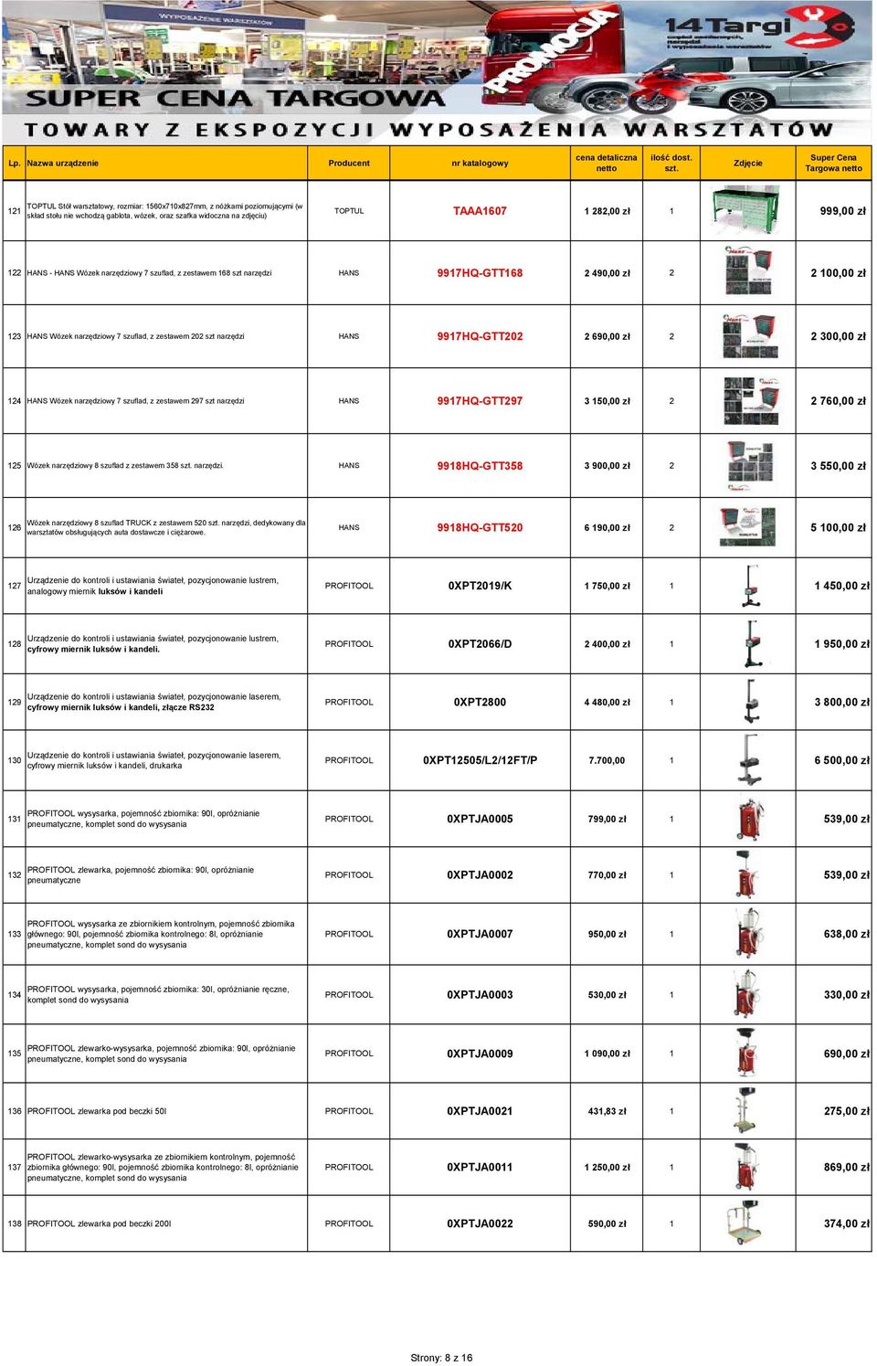 2 690,00 zł 2 2 300,00 zł 124 HANS Wózek narzędziowy 7 szuflad, z zestawem 297 szt narzędzi HANS 9917HQ-GTT297 3 150,00 zł 2 2 760,00 zł 125 Wózek narzędziowy 8 szuflad z zestawem 358 narzędzi.