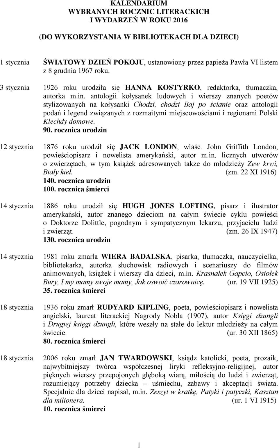 antologii kołysanek ludowych i wierszy znanych poetów stylizowanych na kołysanki Chodzi, chodzi Baj po ścianie oraz antologii podań i legend związanych z rozmaitymi miejscowościami i regionami Polski