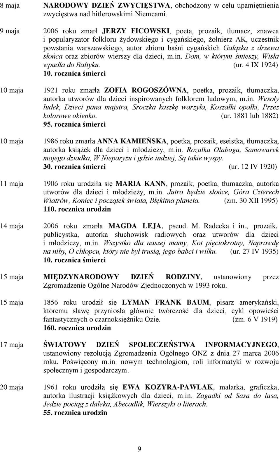 cygańskich Gałązka z drzewa słońca oraz zbiorów wierszy dla dzieci, m.in. Dom, w którym śmieszy, Wisła wpadła do Bałtyku. (ur. 4 IX 1924) 10.