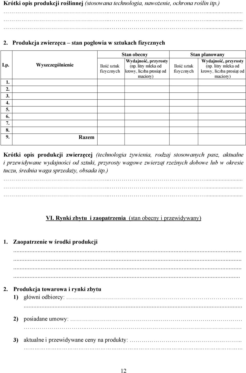 litry mleka od krowy, liczba prosiąt od maciory) Krótki opis produkcji zwierzęcej (technologia żywienia, rodzaj stosowanych pasz, aktualne i przewidywane wydajności od sztuki, przyrosty wagowe