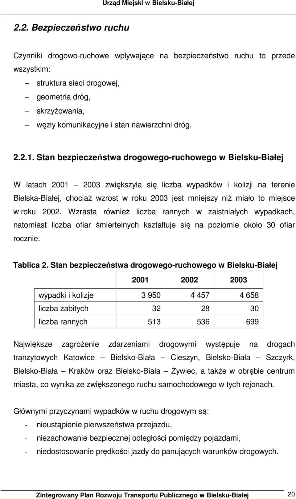 Stan bezpieczeństwa drogowego-ruchowego w Bielsku-Białej W latach 2001 2003 zwiększyła się liczba wypadków i kolizji na terenie Bielska-Białej, chociaż wzrost w roku 2003 jest mniejszy niż miało to