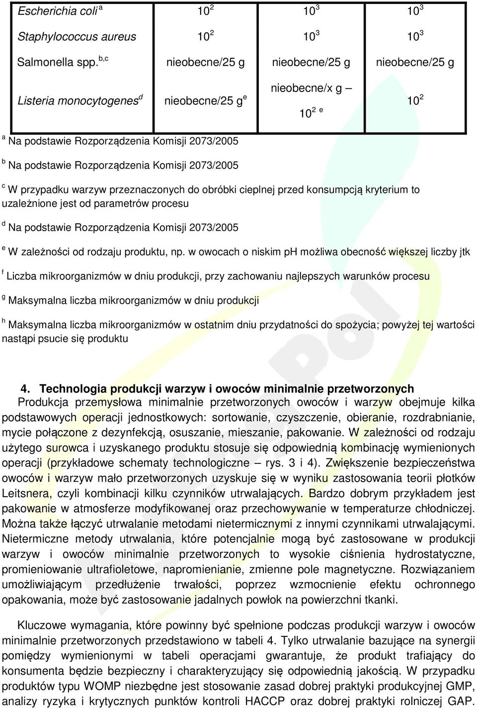 Komisji 2073/2005 c W przypadku warzyw przeznaczonych do obróbki cieplnej przed konsumpcją kryterium to uzależnione jest od parametrów procesu d Na podstawie Rozporządzenia Komisji 2073/2005 e W