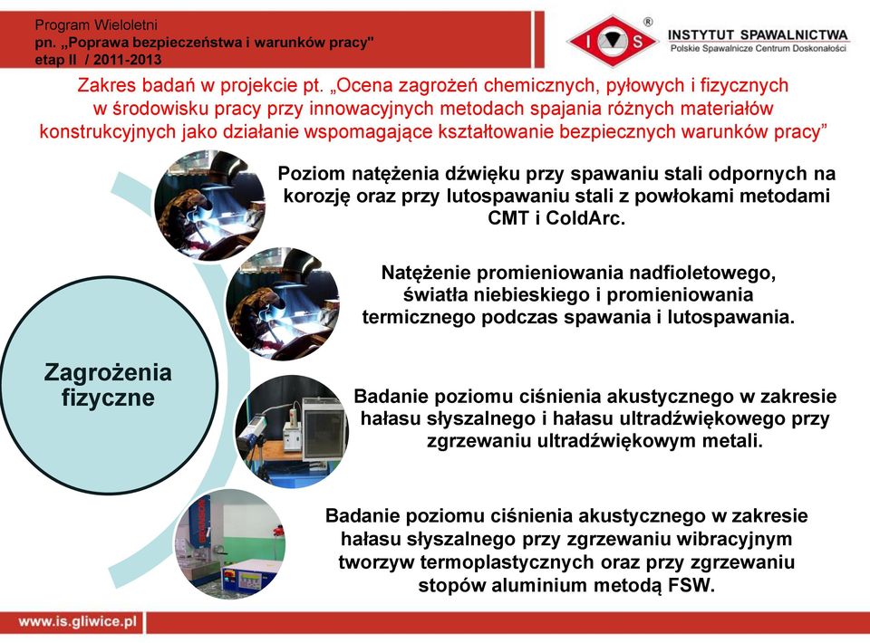 warunków pracy Poziom natężenia dźwięku przy spawaniu stali odpornych na korozję oraz przy lutospawaniu stali z powłokami metodami CMT i ColdArc.