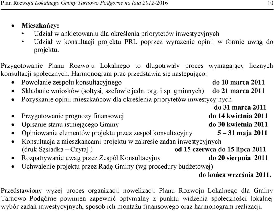 Harmonogram prac przedstawia się następująco: Powołanie zespołu konsultacyjnego do 10 marca 2011 Składanie wniosków (sołtysi, szefowie jedn. org. i sp.