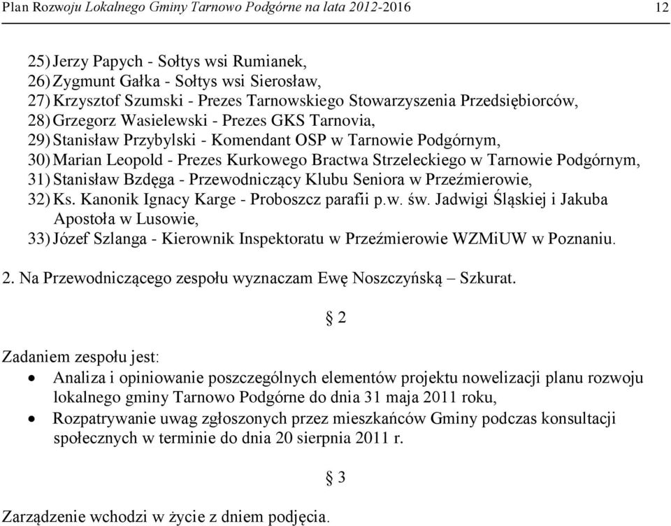 Strzeleckiego w Tarnowie Podgórnym, 31) Stanisław Bzdęga - Przewodniczący Klubu Seniora w Przeźmierowie, 32) Ks. Kanonik Ignacy Karge - Proboszcz parafii p.w. św.