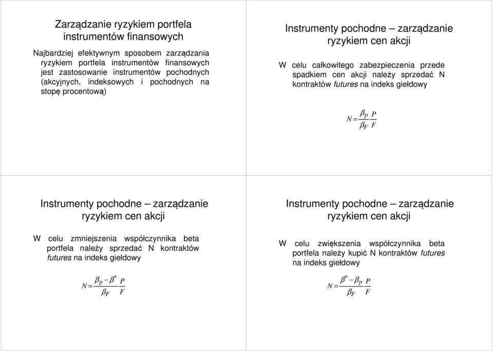 kontraktów futures na indeks giełdowy βp N = βf P F Instrumenty pochodne zarządzanie ryzykiem cen akcji W celu zmniejszenia współczynnika beta portfela należy sprzedać N kontraktów futures