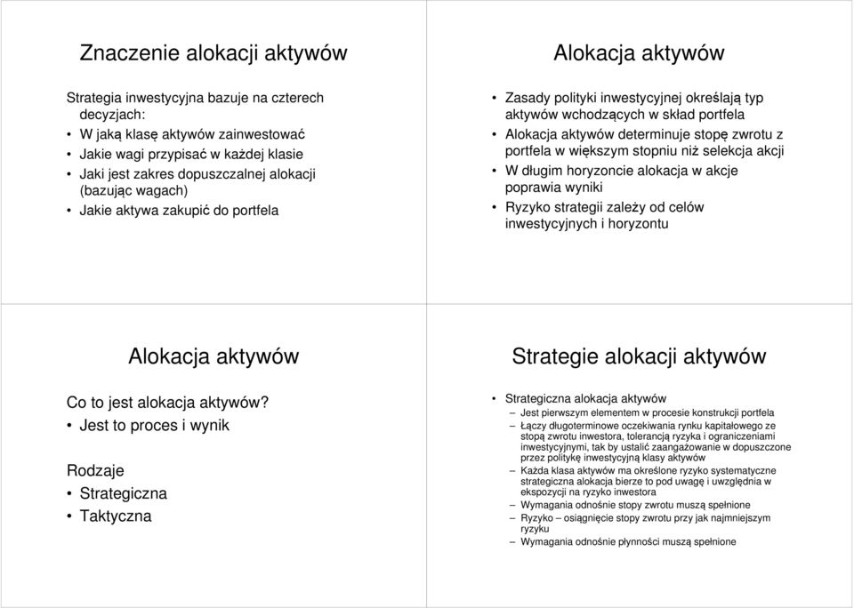 większym stopniu niż selekcja akcji W długim horyzoncie alokacja w akcje poprawia wyniki Ryzyko strategii zależy od celów inwestycyjnych i horyzontu Alokacja aktywów Strategie alokacji aktywów Co to