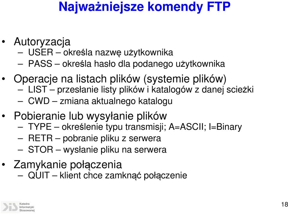 aktualnego katalogu Pobieranie lub wysyłanie plików TYPE określenie typu transmisji; A=ASCII; I=Binary RETR