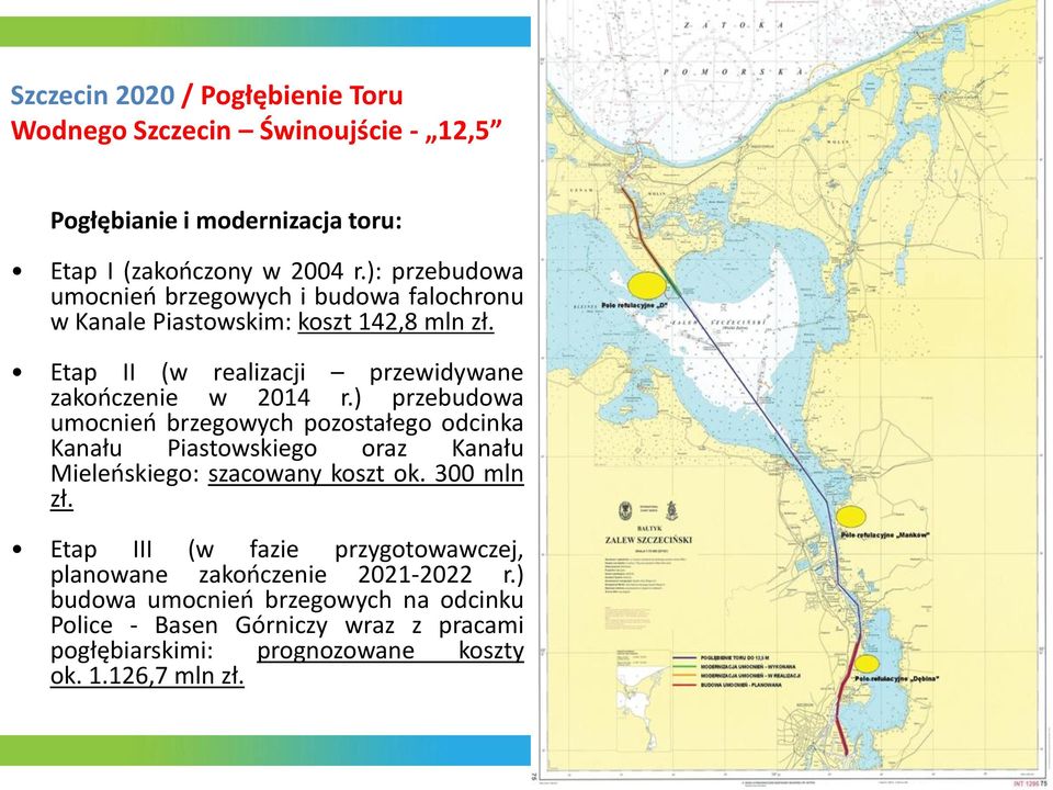 ) przebudowa umocnieo brzegowych pozostałego odcinka Kanału Piastowskiego oraz Kanału Mieleoskiego: szacowany koszt ok. 300 mln zł.